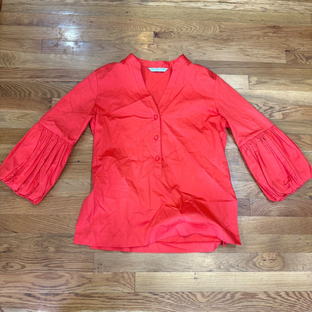 Trina Turk Coral Orange Organic Cotton Pleated Puff‎ Sleeve Blouse